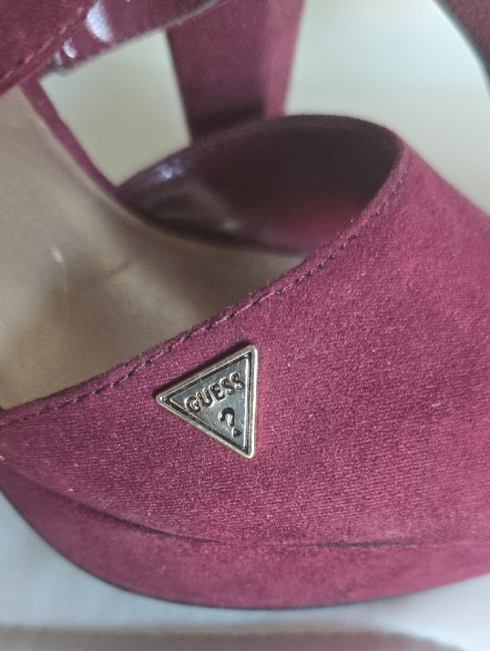 GUESS Women's Burgundy Suede Strappy High Heel Sandals with Gold Accent - Picture 3 of 5